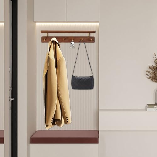 Solid Wood Shelf with Hooks, 19 inch Coat Rack Wall Mount, Shelves with 6 Brass Hooks for Hanging in Entryway, Living Room, Bathroom, Bedroom, Kitchen(Walnut) - Image 3