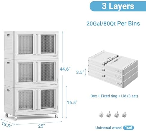 BROVIEW 300 Qt Stackable Storage Bins with Lids & Doors, 3 Pack Plastic Closet Organizer and Storages Drawers with Wheels, Large Collapsible Storage Boxes, Cabinet for Home, Office, V10, White - Image 2