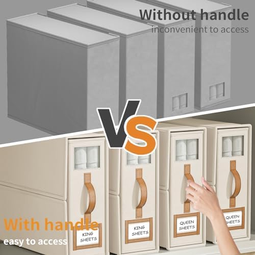 8 Pack Foldable Bed Sheets Set Organizers and Storage(King & Queen Size),Linen Fabric Closet Organizers with Window,Folding Bedding Storage Box for Bedsheets and Pillow Cube Organizer-Beige - Image 3
