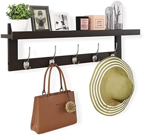 SMIBUY Coat Hooks with Shelf Wall-Mounted, 29.2 Inch Entryway Coat Rack for Wall, Bamboo Hanging Shelf with 5 Double Metal Hooks for Bathroom, Bedroom, Kitchen, Living Room, Mudroom (Dark Brown) by SMIBUY