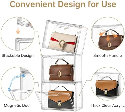 Purse Organizer for Closet,Clear Acrylic Display Case for Handbag Organizer, Purse Storage Box with Magnetic Door, Plastic Storage Bins for Book, Collectibles, Cosmetic (3 Pack) - Image 4