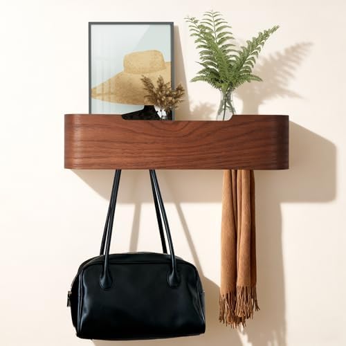 Coat Rack Wall Mount with Shelf Entryway Shelf Modern Key Holder Hanger Wall Shelves with Hidden Hooks for Hanging Towels Coats Hats Bags for Hallway Bathroom Bedroom(Walnut Color, 4 Hooks) by FURNAWAY