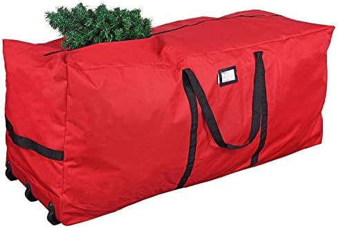 Rolling Tree Storage Bag, Fits Up to 9 foot Disassembled Holiday Tree, 28" Height X 16" Wide X 60" Long Extra Large Heavy Duty Storage Container with Wheels (Red) by Primode