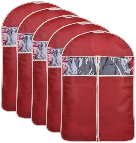 5 Pcs Non-Woven Fabrics Suit Cover Bags, Garment Bags for Hanging Clothes, Suit Bags for Closet Storage, with Transparent Window, Breathable(Red,60 * 130cm/24 * 51in) by Unknown