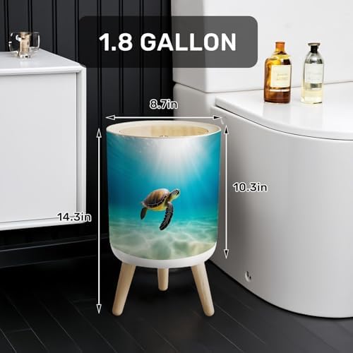 Trash Can with Lid Beautiful Hawaiian Green Sea Turtle Small Garbage Can with Legs Waste Bin Press Cover Wastebasket for Kitchen Bathroom Living Room 7L/1.8 Gallon - Image 2