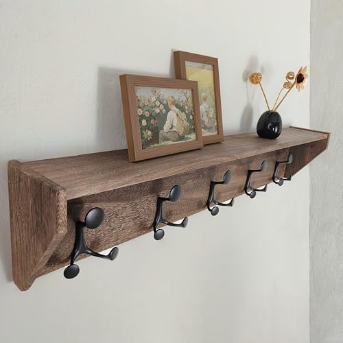 SKOLOO Wall Shelf with Hooks, 35-Inch Weathered Brown Wall Mounted Coat Rack with Shelf Organizer - Lightweight & Sturdy​​, 5 Tri Hooks - Perfect for Entryway, Hallway, Living Room, Bedroom, Mudroom - Image 5
