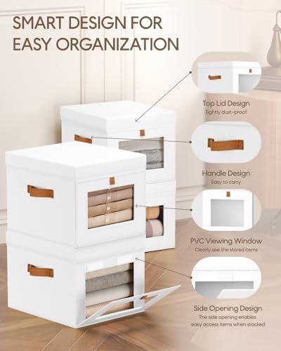 Homsorout Storage Bins with Lid – Closet Organizer with Side Opening and Clear Window, Foldable Stackable Fabric Basket for Clothes, Home, Office - 13.77" x 11.8" x 9.8", 4 Pack, White - Image 2