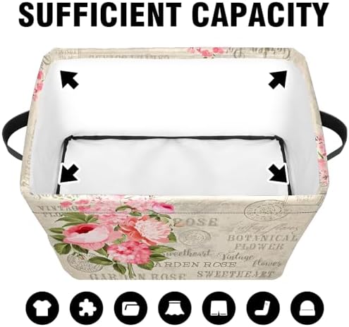 Vintage Rose Floral Foldable Baskets Storage Bins with Handles, Decorative Cloth Organizer Storage Boxes 2 sets - Image 5