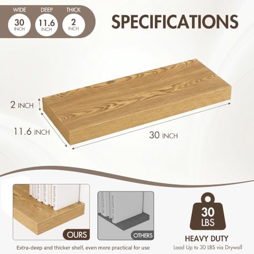 Acovy 30 Inch Floating Shelves, 12" Deep Floating Shelf Wall Mounted, 30" Wall Shelves, Rustic Deep Bookshelf, Extra Deeper & Thicker Display Shelves for Bedroom, Living Room, Set of 2 - Image 3