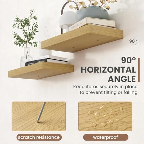 Acovy 48 Inch Floating Shelves, 8 Inch Deep Floating Shelves for Wall, Hanging Shelf with Invisible Brackets, Deep Shelves for Bathroom, Bedroom, Living Room, Oak, Set of 2 - Image 5