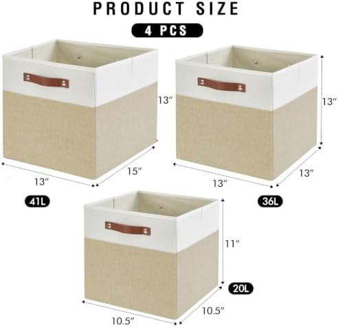 Bagnizer 13x15x13 Storage Cube Bins, Foldable Storage Organizer Baskets, Fabric Cube Storage Boxes with 2 Reinforced PU Handles for Kallax, Shelves, Living Room | 4 Pack, Beige & White - Image 4