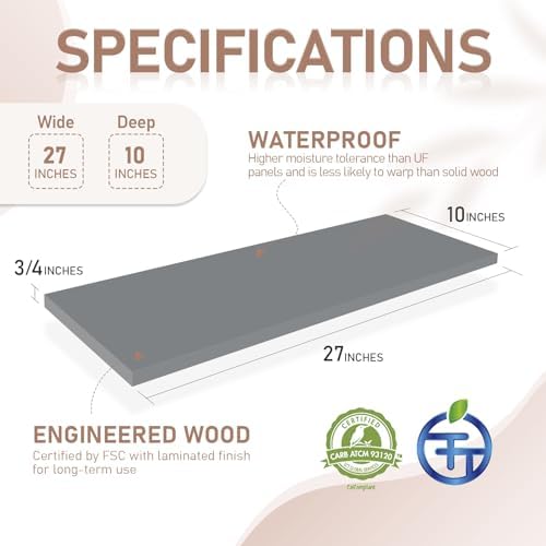Kaboon 27 inch Long 10 inch Deep Floating Shelves for Wall Set of 2, Large Open Shelves Wall Mounted, Space Saving Home and Commercial Use, Gray - Image 3