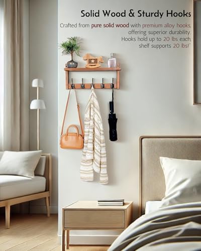 Coat Rack Wall Mount with Shelf, 26IN Wooden Coat Hanger Hooks Wall Mount with 5 Metal Hooks, Hanging Shelf with Hooks, Wood - Image 2