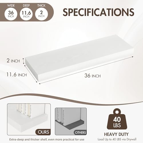 Acovy 36 Inch Floating Shelves, 12" Deep Floating Shelf Wall Mounted, 36" Wall Shelves, Rustic Deep Bookshelf, Extra Deeper & Thicker Display Shelves for Bedroom, Living Room, White, Set of 2 - Image 4
