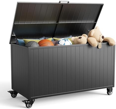 150 Gallon Outdoor Storage Box with Wheels, Metal Deck Boxes,Black by RICNOD