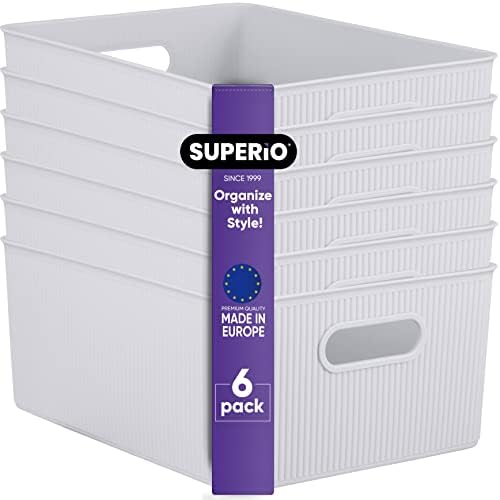 Superio Ribbed Collection - Decorative Plastic Basket Open Home Storage Bins Organizer, Large White Smoke (6 Pack) Container Boxes for Organizing Closet Storage Bins for Shelves 15 Liter/16 Quart by Superio