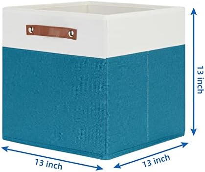 Temary Cube Storage Bins Storage Cube Bins for Home, 4 Pack Fabric Storage Bins for Organization, Storage Cubes 13x13 Cube Baskets with Leather Handles (White&Teal) - Image 2
