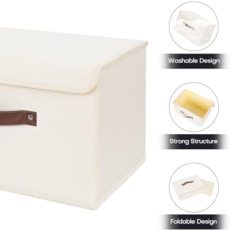ANMINY Fabric Storage Box Bins with Lids, Beige, 15"x10"x10", 4 Pack - Image 4