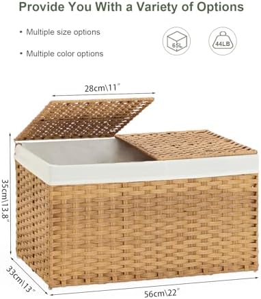 SETVSON Storage Basket with Lid Rattan Woven Storage Baskets with 2 Separate Lids, 17.2 Gallon (65 L), 22 x 13 x 13.8 Inches,Foldable, 2 Removable Liner Bags Handles for Bedroom, Laundry Room Natural - Image 4