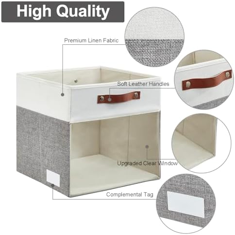 Bagnizer Storage Cubes, 4 Pack Linen Foldable Storage Bins with Clear Window and 2 Handles, 13x15x13 Storage Cube Bins for Shelf Closet, Kallax, Clothes, Books - (Gray / Off-White) - Image 6