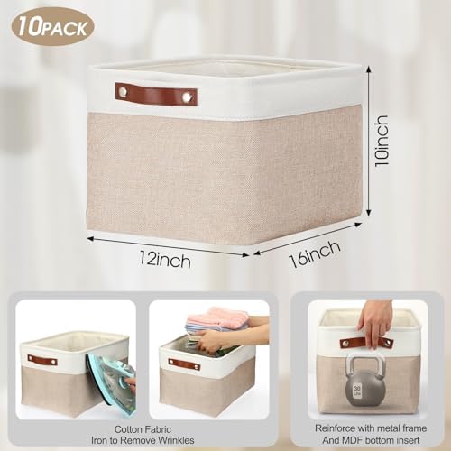 Uiifan 10 Pcs Collapsible Fabric Storage Baskets, 16 x 12 x 10 Inch, Beige - Image 3