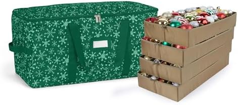 Covermates Keepsakes Adjustable Ornament Storage Bag – Heavy-Duty Polyester, Padded Dividers & FlexGrid Trays – Protective Holiday Ornament Organizer with Handles & Label Window, Green Snowflake by Covermates