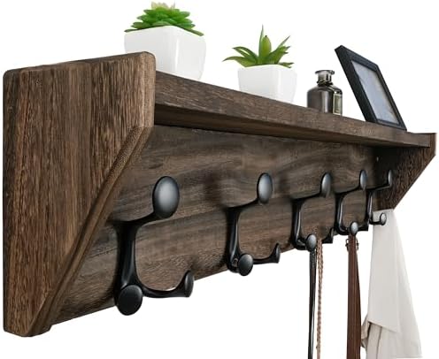WEBI Wall Shelf with Hooks Underneath,35" Long Wall Mounted Coat Rack with Shelf,Entryway Coat Rack with 5 Triple Hooks for Hanging Coats,Jacket,Hallway,Bedroom,Mudroom,Weathered Brown by WEBI