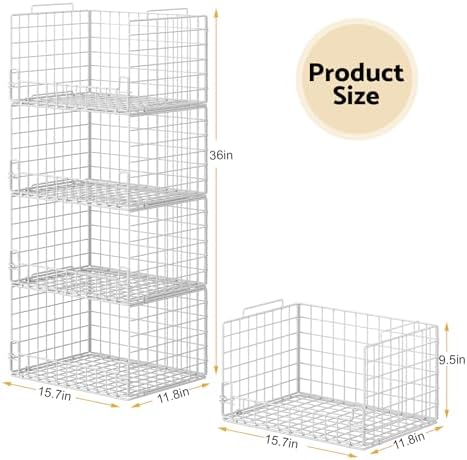 4-Tier Stackable Closet Organizers and Storage Basket - Foldable Closet Shelf Organizer System, Sturdy Metal Space-Saving Clothes Storage Bins for Wardrobe, White - Image 5