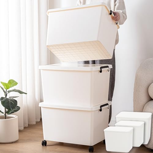 YUNGSHY 60 Quart white plastic large storage bins with lids,Durable Nestable container Secure Pull Handle organizing for home,school and office (white, 3 L) by Unknown