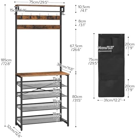 HOOBRO Hall Tree with Bench, Entryway Coat Rack with Shoe Rack, Shoe and Coat Rack, 5 Tier Shoe Storage Organizer with Oxford Fabric Side Pockets, Adjustable Mesh Shelves, Rustic Brown BF75MT01 - Image 5