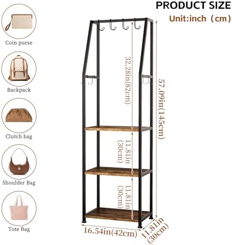Tall Narrow Purse Organizer Stand with Purse Hanger, High-Capacity Floor-Standing Handbag Rack for Small Spaces | Space-Saving Fashion Bags & Purse Display Organizer﻿(Rustic Brown) - Image 3