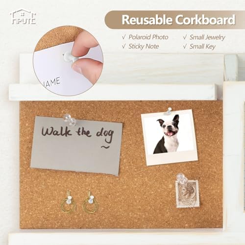 Key Holder for Wall with Mail Organizer,Farmhouse Mail and Key Holder for Wall,Key Hanger with ‌Metal 11 Hooks,Corkboard,and Shelf,Decorative Natural Pine Wood Entryway Organizer,14.6*11.1*3.3”,White - Image 2