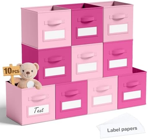 Teenyyou 10 Pack Fabric Storage Cubes 11 Inch Collapsible Cube Bins with Label Window & Handle Foldable Organizers Baskets for Shelf Closet Nursery Kids Room Clothes Book Toy(Pink, Rose Red) by Teenyyou