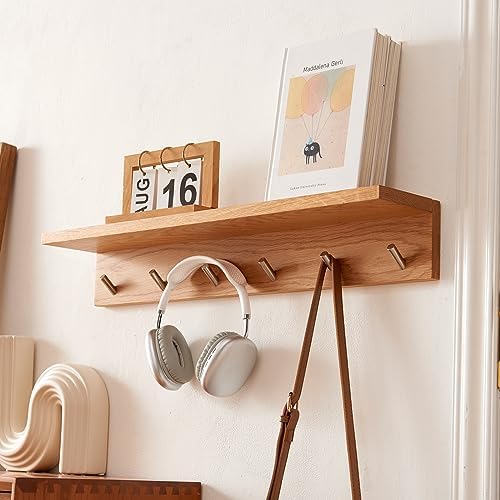 Oak Wood Coat Rack Wall Mount With Shelf 27.5 Inch Long, Entryway Floating Shelf With 6 Hooks for Bathroom, Hallway, Living Room - Image 5