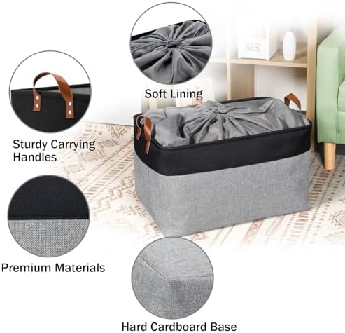 DULLEMELO Extra Large Storage Basket 22X15, 70L Foldable Fabric Toys Baskets Organizer Bins, Black&Grey - Image 7