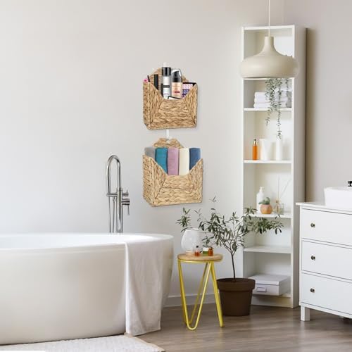Wall Mounted Storage Baskets, 2PCS Handmade Water Hyacinth Storage Baskets Wall Hanging Organizing Container for Living Room,Bedroom,Kitchen (Large+Small) - Image 4