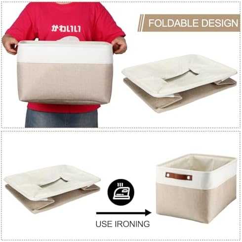 Uiifan 10 Pcs Collapsible Fabric Storage Baskets, 16 x 12 x 10 Inch, Beige - Image 6