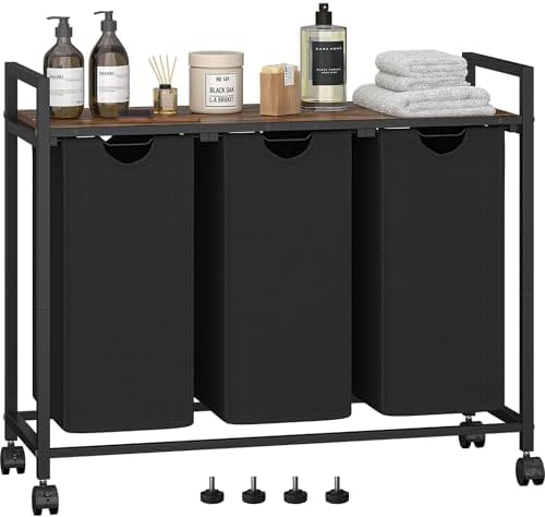 Laundry Hamper, Laundry Basket, Laundry Sorter with 3 Pull-Out and Removable Bags, Shelf, Laundry Room Storage with Table, for Bathroom, Bedroom, 3 x 11.5 Gal (43.4L), Rustic Brown by HOME