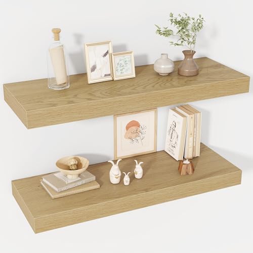 Acovy 30 Inch Floating Shelves, 12" Deep Floating Shelf Wall Mounted, 30" Wall Shelves, Rustic Deep Bookshelf, Extra Deeper & Thicker Display Shelves for Bedroom, Living Room, Oak, Set of 2 by Acovy
