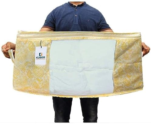 Kuber Industries Foldable Underbed Storage Bag|Organizer For Clothes Large|Non-Woven Comforter, Blanket Cover|Metalic Print & Side Handle|Pack of 6 (Yellow & Cream) - Image 4