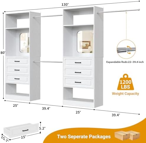 Unikito 6-14FT Wood Closet System with 6 Drawers and Mirror, White - Image 7