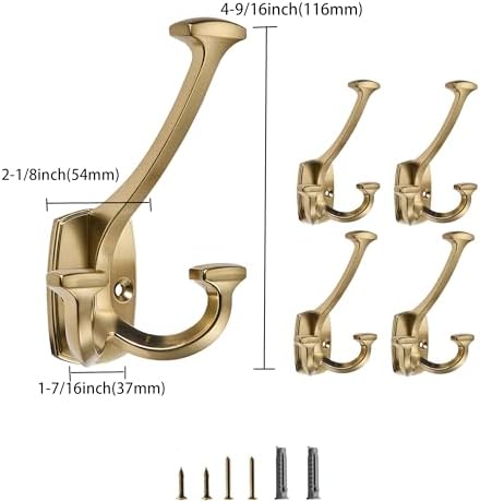 Brushed Brass Hooks Large Wall Mounted Decorative Solid Heavy-Duty Double-Sided Coat Hooks Triple Coat Hook Towels Coats Robes Towels Bag Bathroom Three Prong Coat Hook (10 Pack) - Image 2