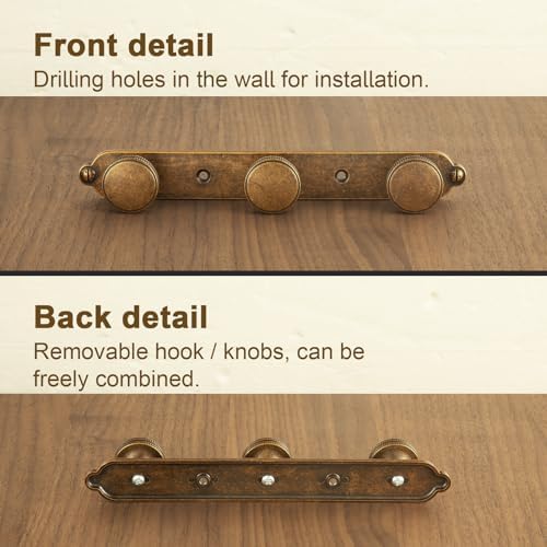 Goo-Ki 1 Pack Antique Brass Coat Rack Wall Mount Heavy Duty, Vintage Brass Towel Rack Zinc Alloy Coat Hooks Wall Mounted for Bag Hat Clothes Scarf - Image 3