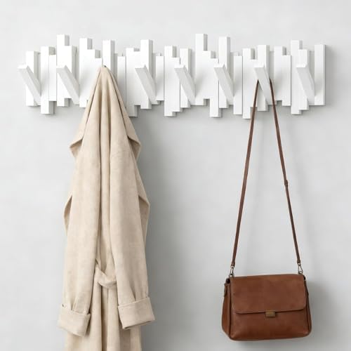 ELECANE Key Holder Wall Mount, Splicable Wooden Piano Coat Rack Wall Mount, Modern Wall Art Flip Down Magnetic Hooks Wall Hook Hat Hanger for Entryway Key Holder Bedroom Kitchen (White, 8 Hooks) - Image 3