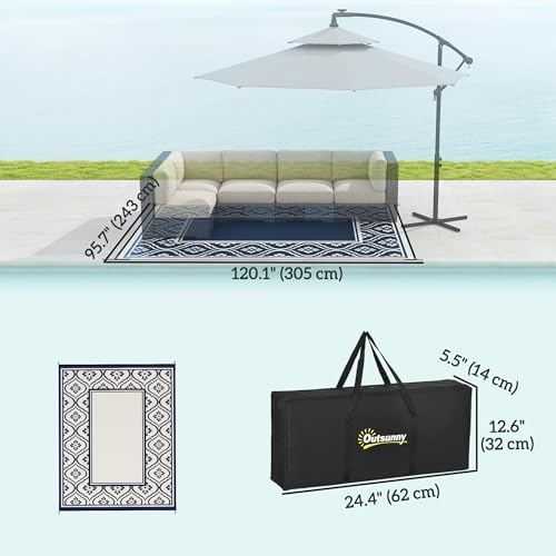 Outsunny Outdoor Rug for Patio Waterproof 9' x 10' Blue & White Gourd - Image 2