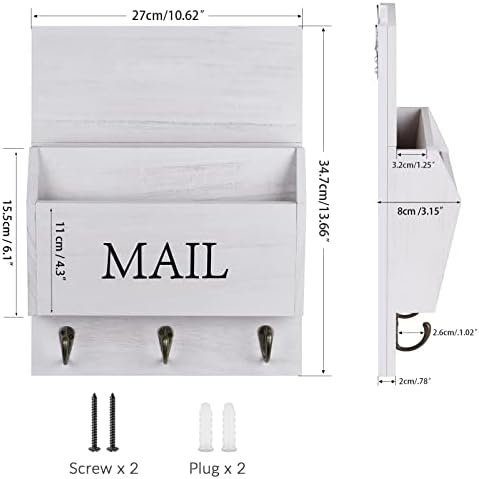 DLQuarts Solid Wood Mail Organizer with Key Holder for Wall, Mail Sorter Wall Mounted, Decorative Wooden Key and Mail Holder with 3 Hooks, Soft White - Image 5