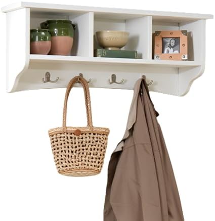 Shaker Cottage 36-Inch Wall-Mounted Coat Rack with 3 Open Shelves – Transitional Entryway Organizer, Mudroom Storage Shelf with 4 Hooks – Space-Saving Wall Storage by Alaterre Furniture (Ivory) by AlaterreFurniture