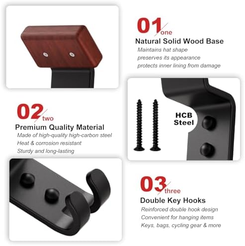 Motorcycle Helmet Holder Wall Mount - Heavy Duty Helmet Hanger Rack with 2 Key Hooks, Solid Wood & Strong Steel Design for Bike, Football, Skiing Sports Gear, Jackets & Hats (6) - Image 4