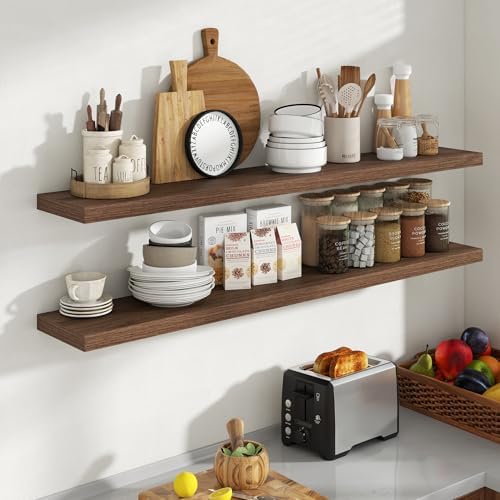 Acovy 55 Inch Floating Shelves, 8 Inch Deep Floating Shelves for Wall, Hanging Shelf with Invisible Brackets, Deep Shelves for Bathroom, Bedroom, Living Room, Walnut, Set of 2 - Image 2