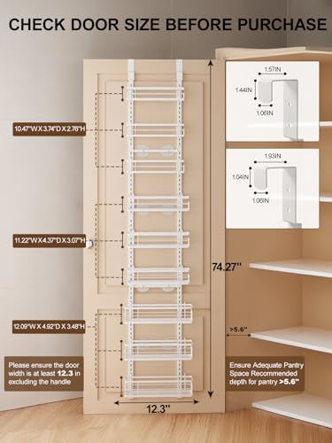 Delamu 9-Tier Over the Door Pantry Organizer, Adjustable Pantry Door Organizers and Storage, Metal Hanging Basket Wall Spice Rack Seasoning Organizer, Door Organizer Kitchen Bedroom Bathroom,12"White - Image 2